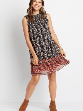 Maurices Black Mini dress with Blush Floral metallic print & orange ruffle Trim